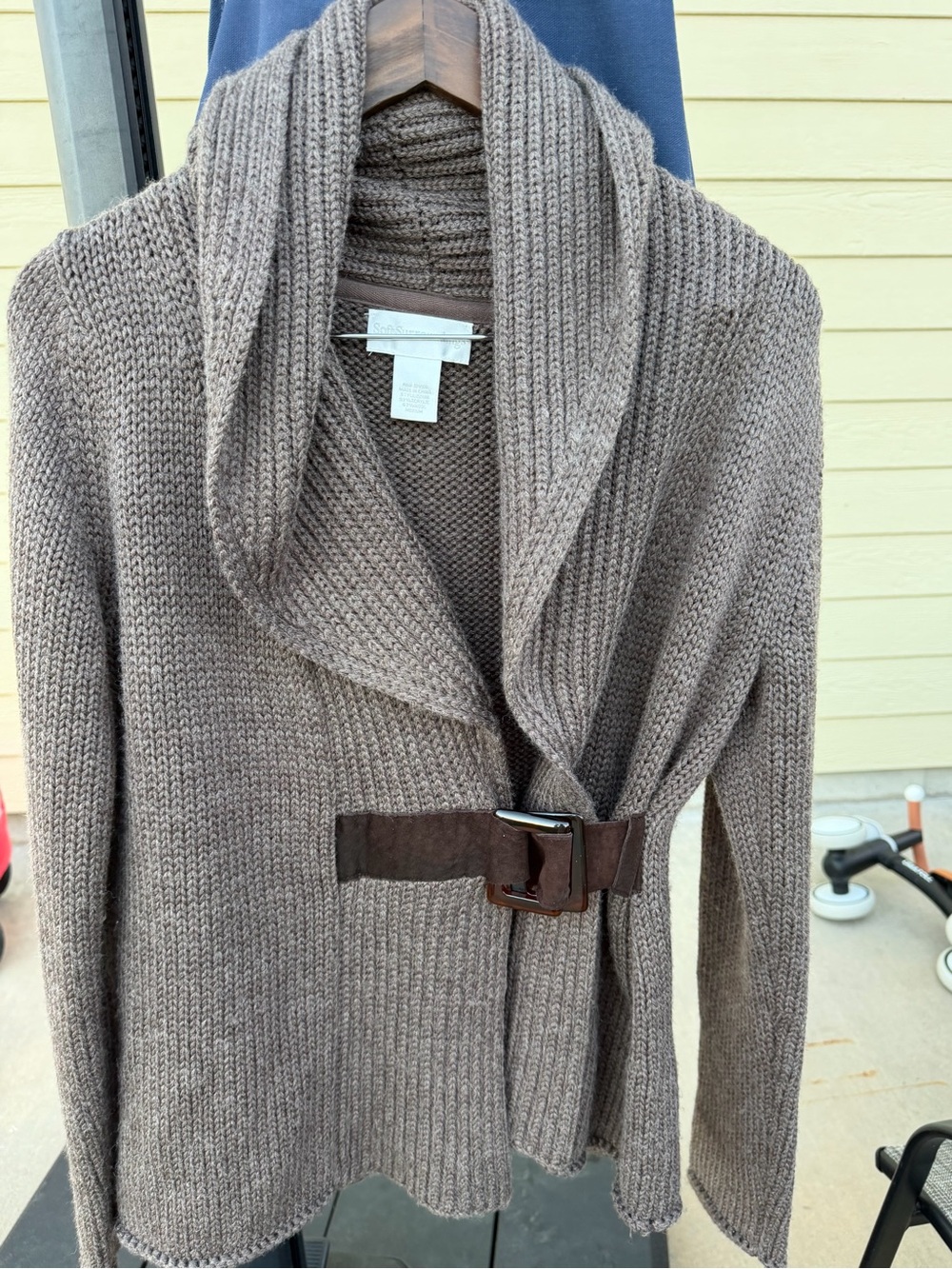 Wool blend Cozy Shawl-Collar Brown Knit Sweater with Buckle Detail